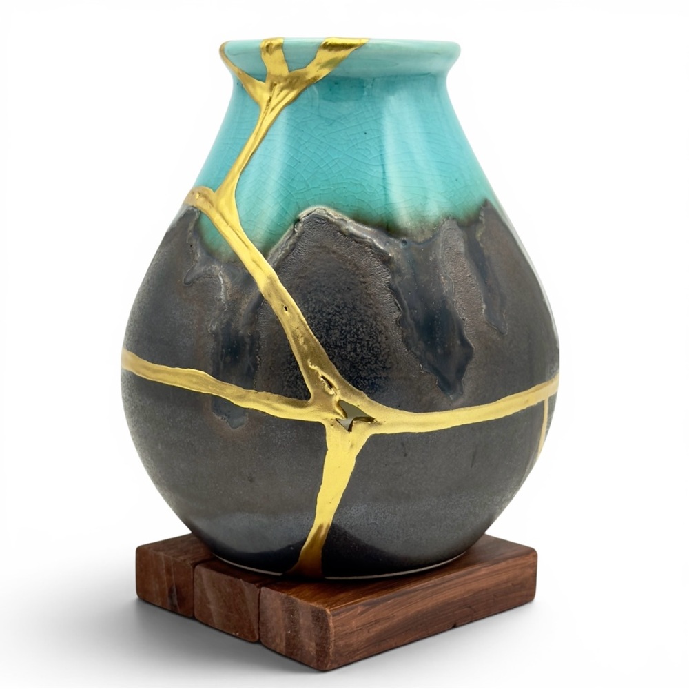 Kintsugi Vase Turquoise Drip Glaze Pottery Gold Crack Art Personal Growth Gift